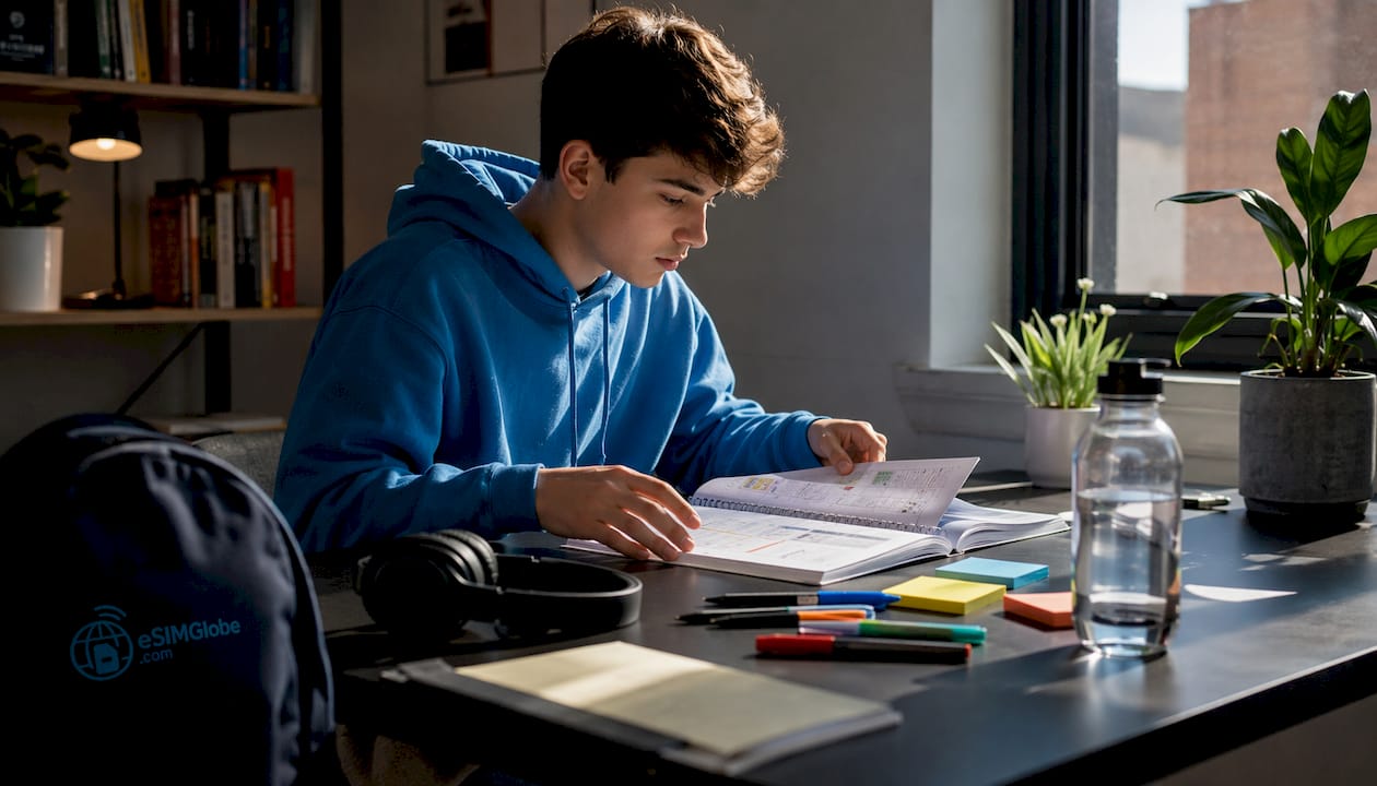 Teen reviewing school calendar in library