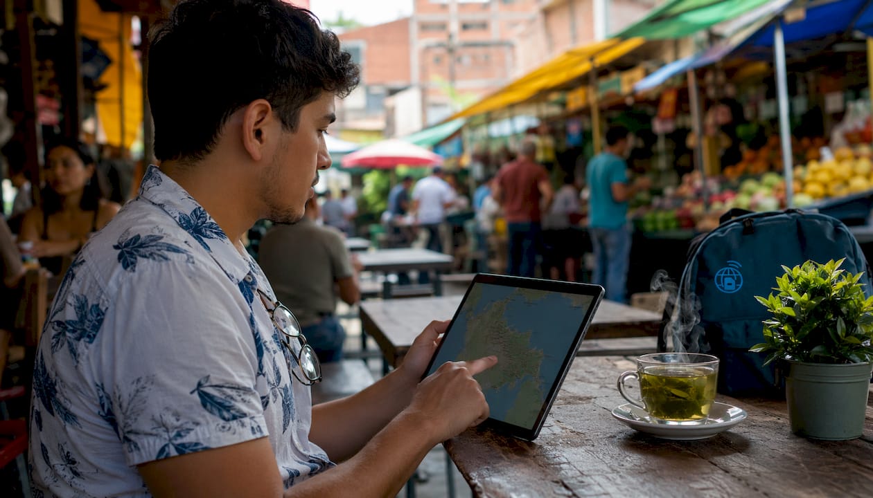 Man checking Colombia coverage map on tablet