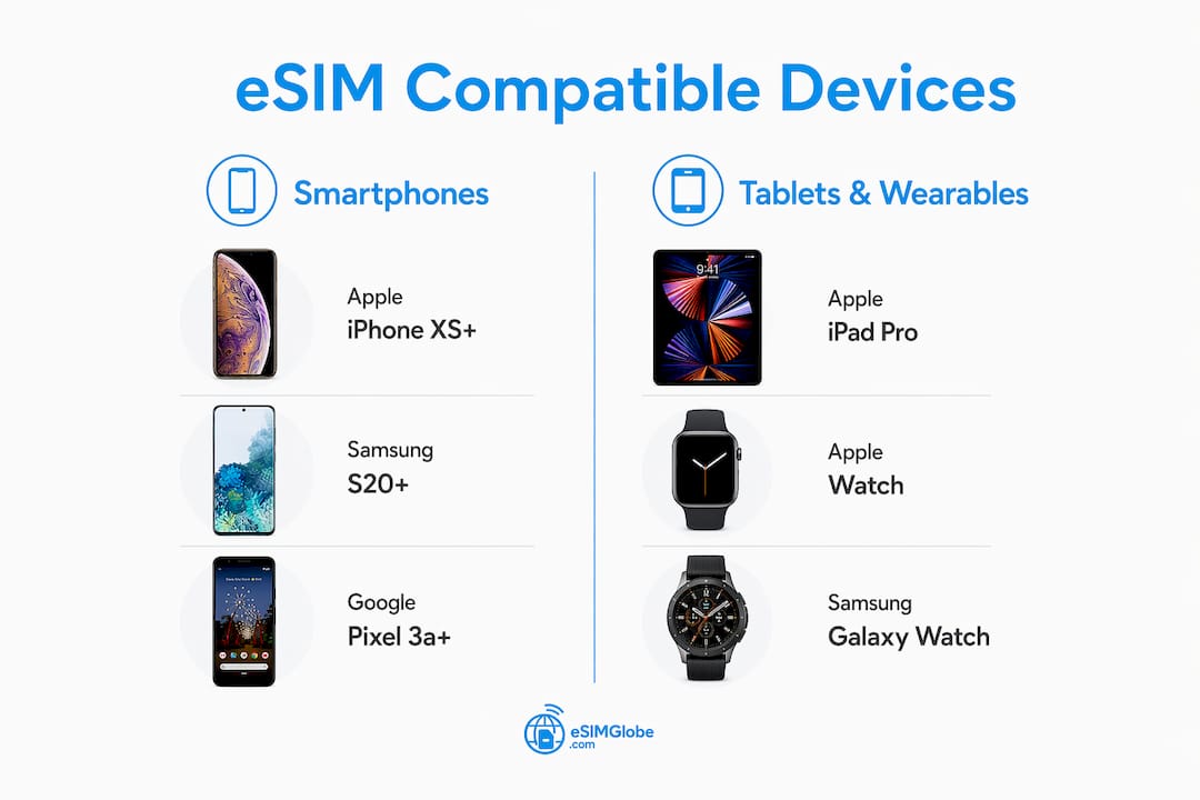 Infographic comparing eSIM device categories smartphones vs tablets