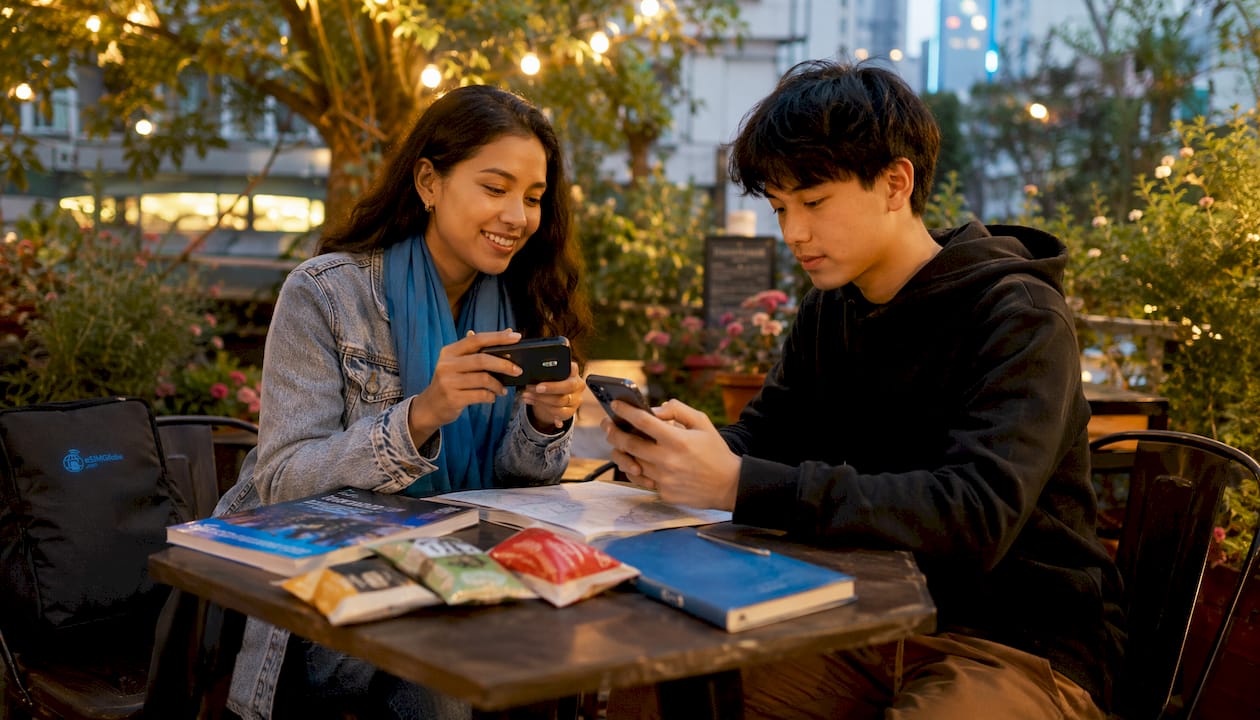 Group using pocket Wi-Fi device in Tokyo park