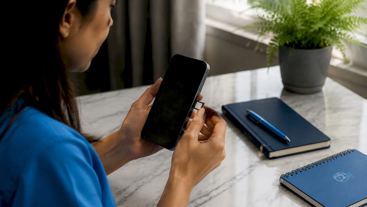 Hands holding smartphone with eSIM slot visible