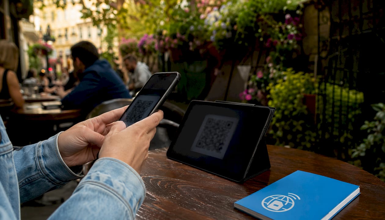 Hands scanning QR code with Android phone
