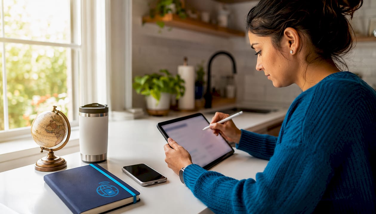 Overhead view managing eSIM profiles on tablet