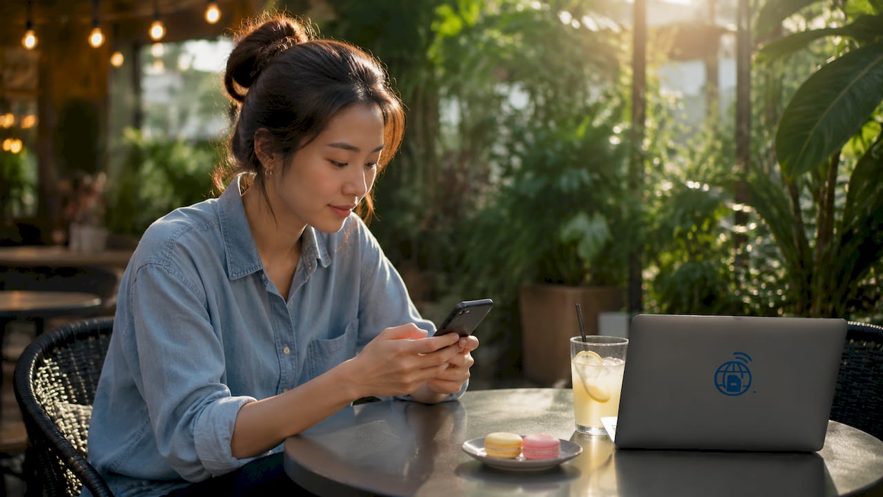 أيدي تتصفح خطط eSIM على هاتف ذكي في مقهى  