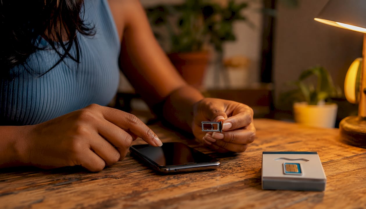 Hands comparing physical SIM card and smartphone