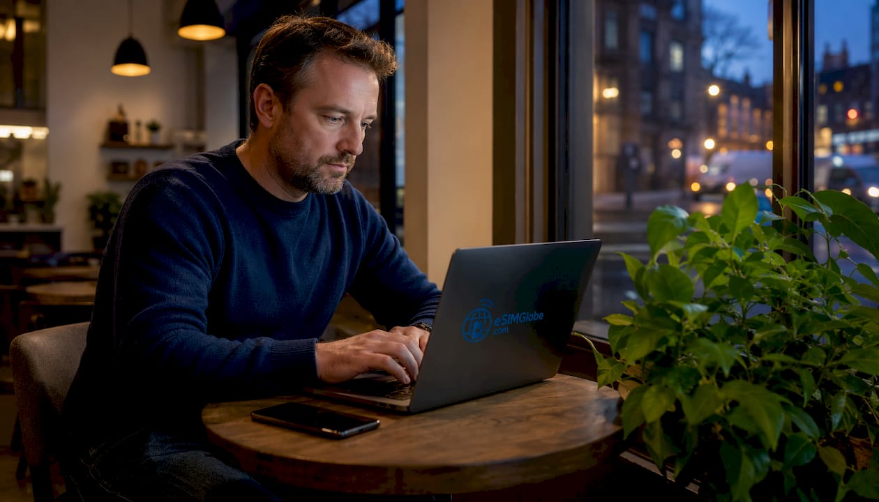 Man at desk with new eSIM-only and physical SIM phones