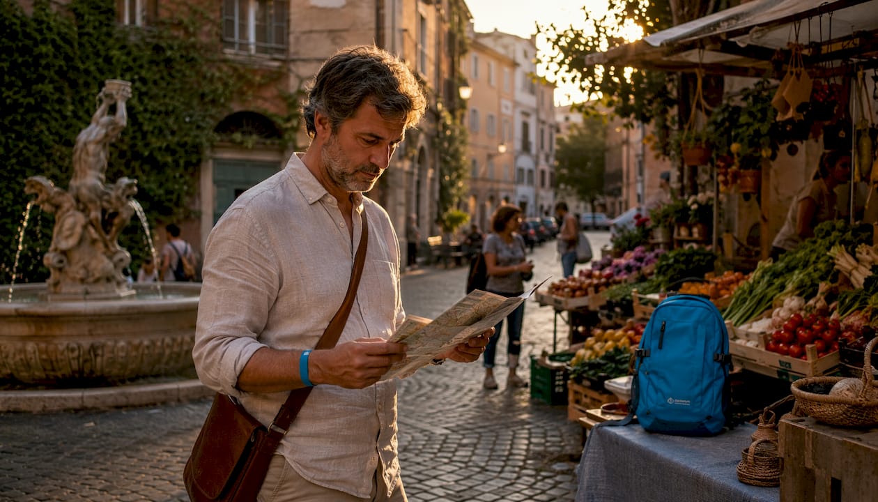Rejsende går gennem en middelalderlig gade i Trastevere