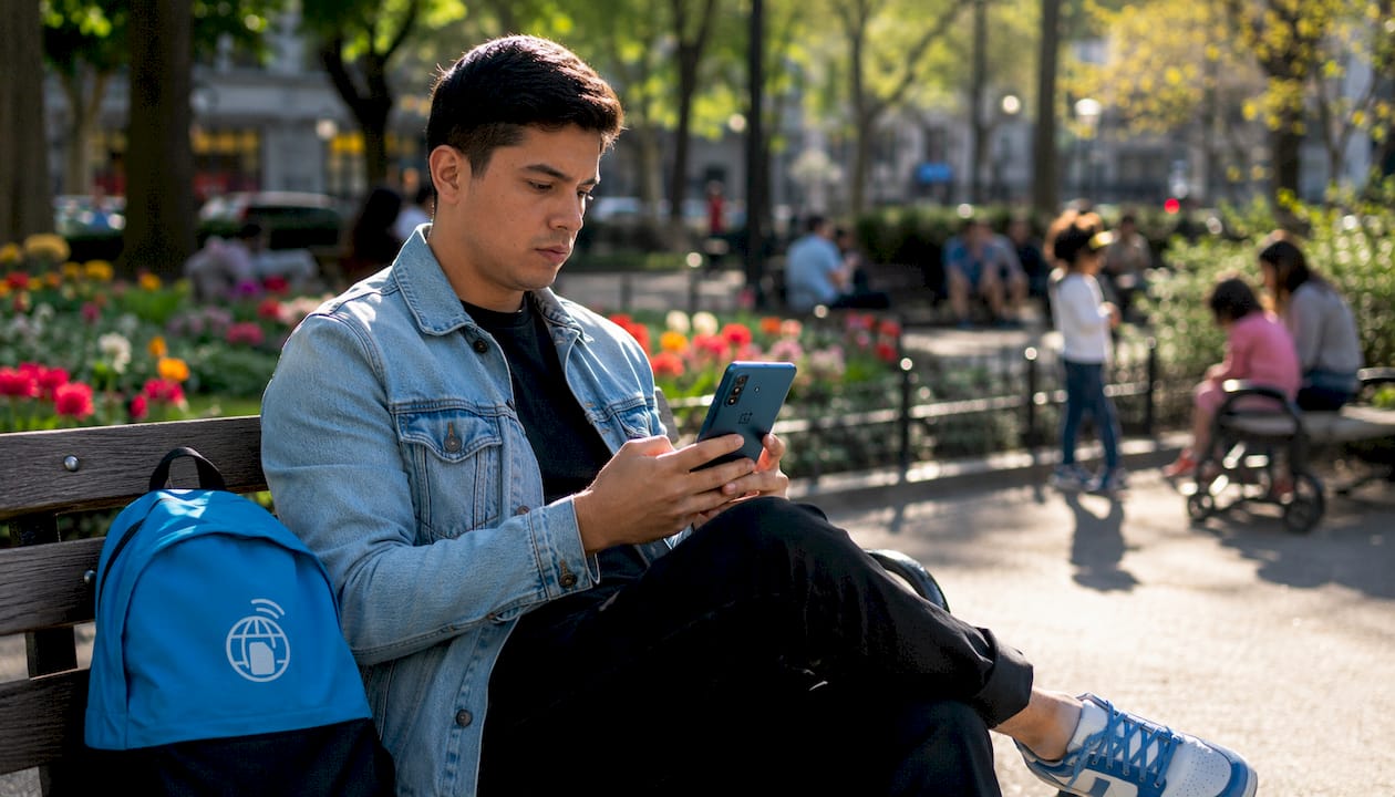 Young man using OnePlus phone outdoors