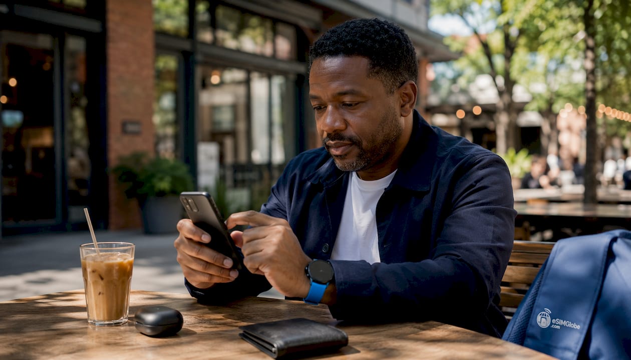 Hands holding Samsung Galaxy phone in café