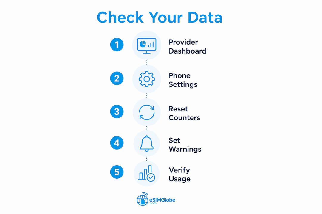 Infographic showing steps to check eSIM data balance