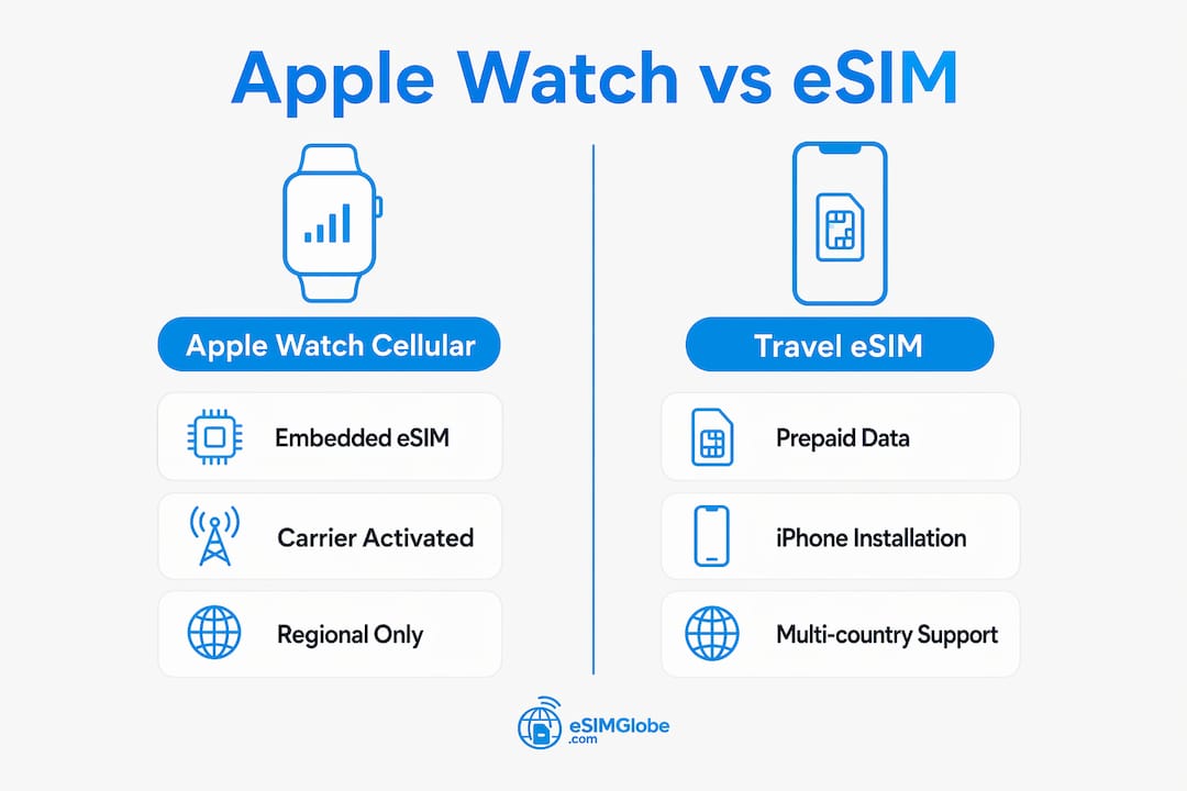 Infographic comparing Apple Watch cellular and travel eSIM