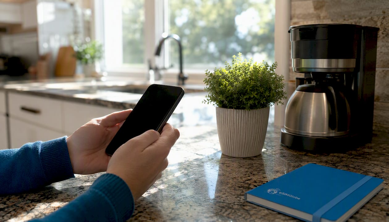 Mani che tengono uno smartphone con oggetti da caffè sul tavolo
