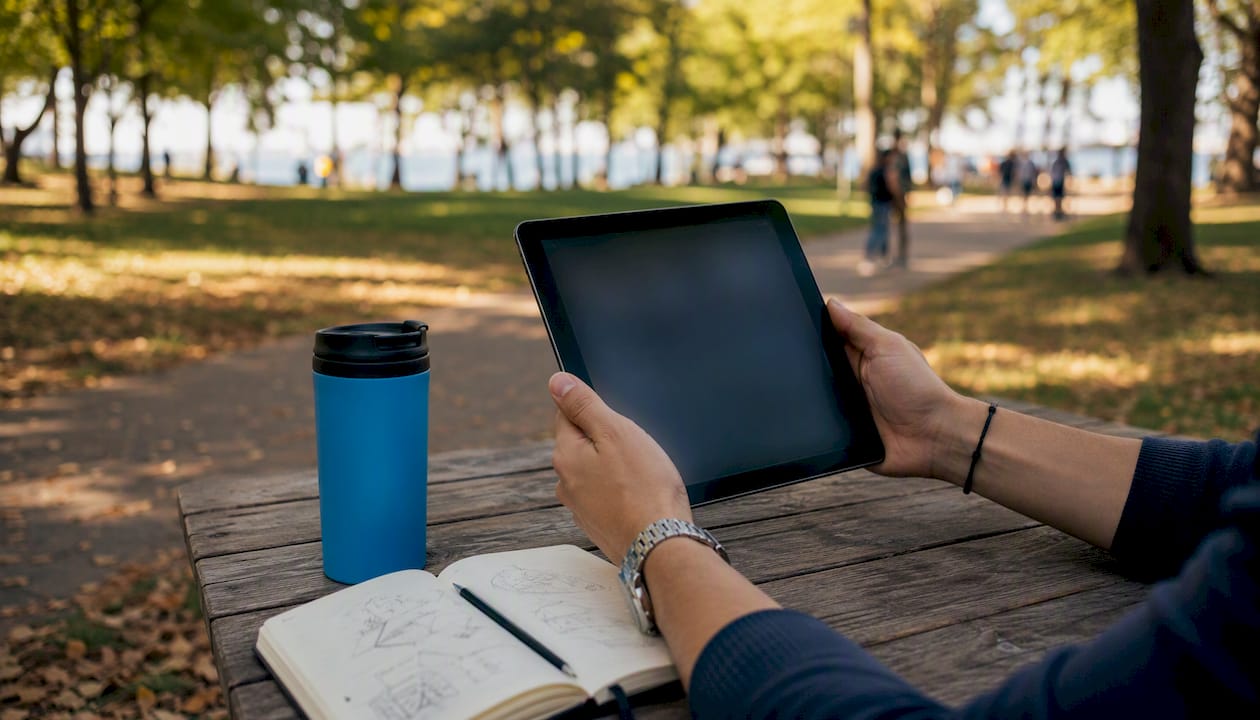 Руки держат iPad в кофейне