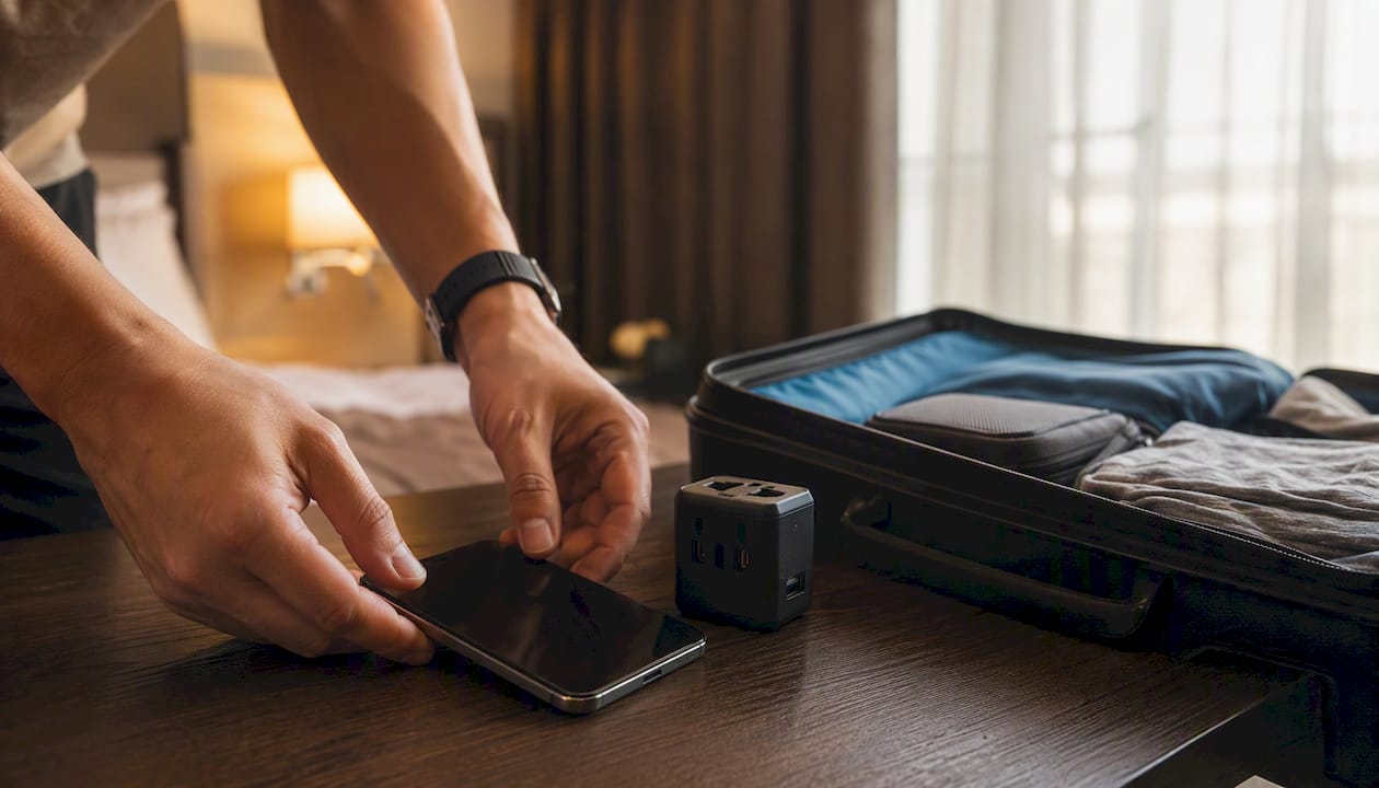 Rejsende placerer en smartphone på et skrivebord som forberedelse til en rejse