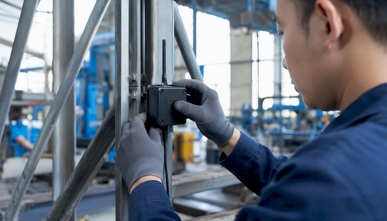 Hænder installerer en IoT-sensorenhed udendørs