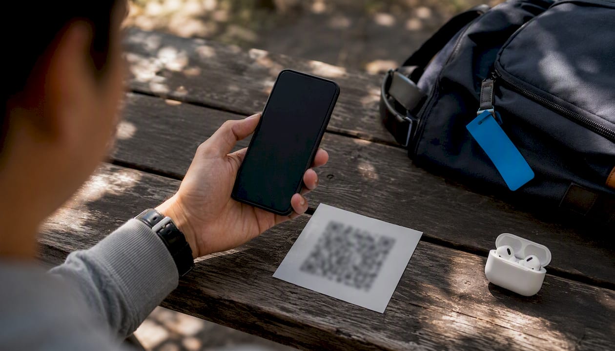 Hand holding phone over QR code for eSIM activation