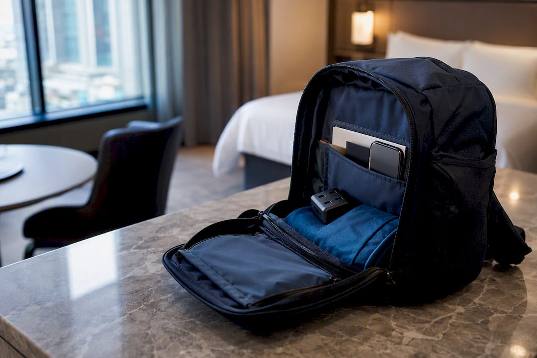 Travel backpack with phone and accessories ready
