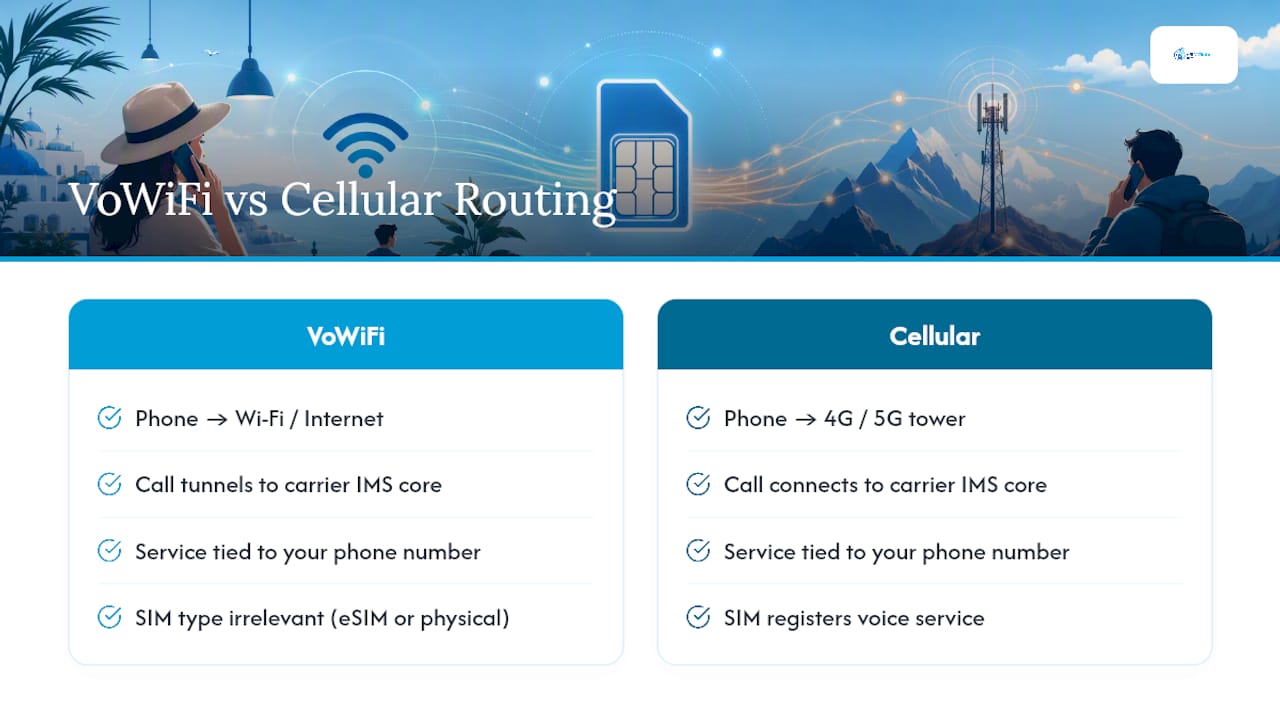 Схема сравнения маршрутизации вызовов по Wi-Fi и через сотовую сеть