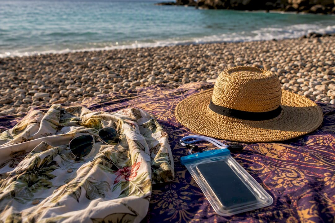 Travel gear laid out for Bali beach trip