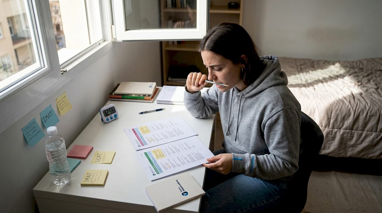 Student comparing IMAT and UCAT exam papers