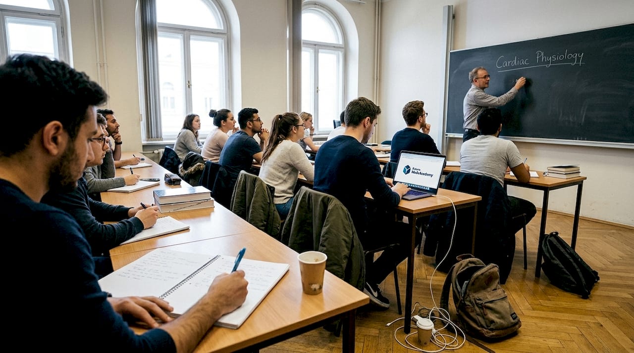 Students listening to English medical lecture