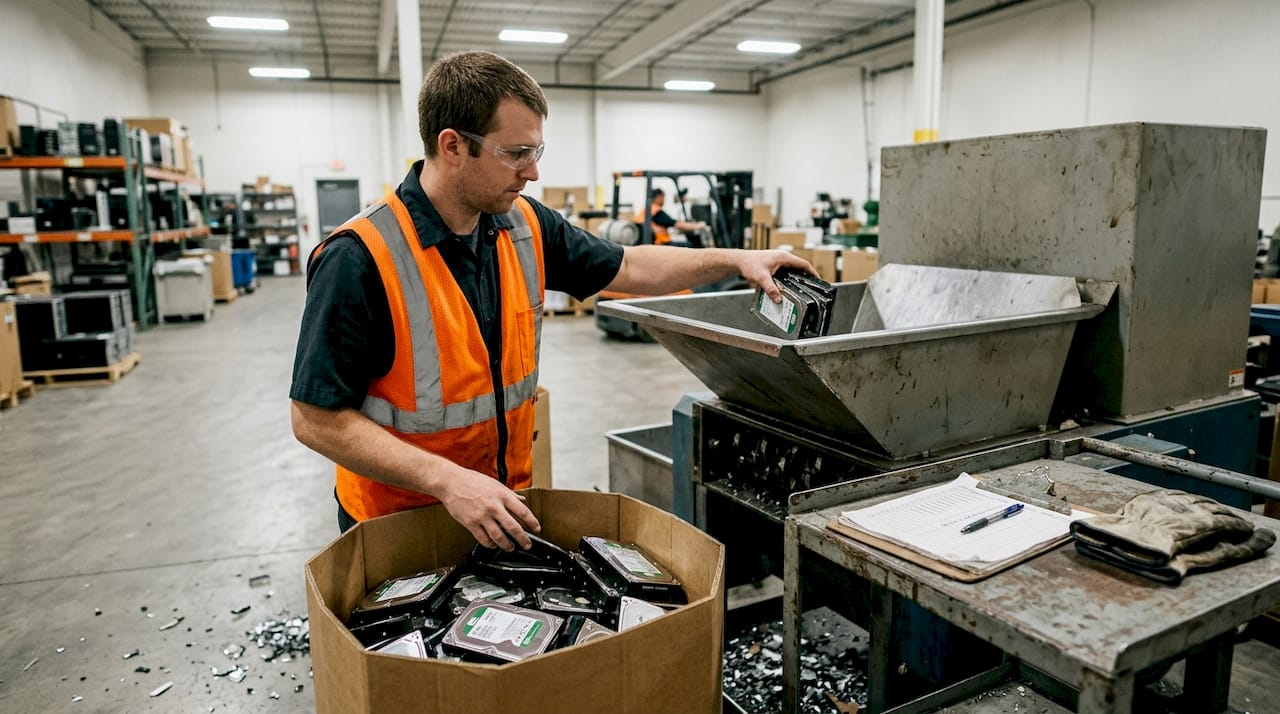 Technician using industrial shredder for hard drives