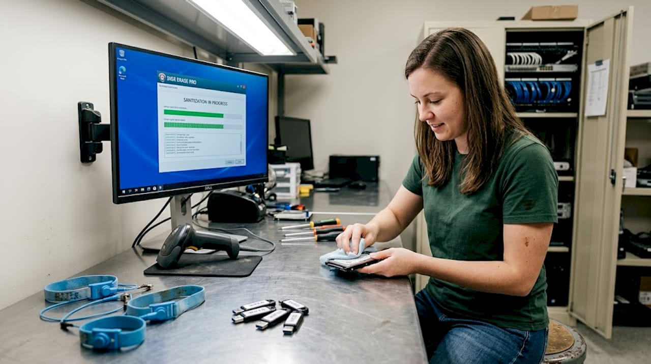 Technician performs certified data wiping in workshop