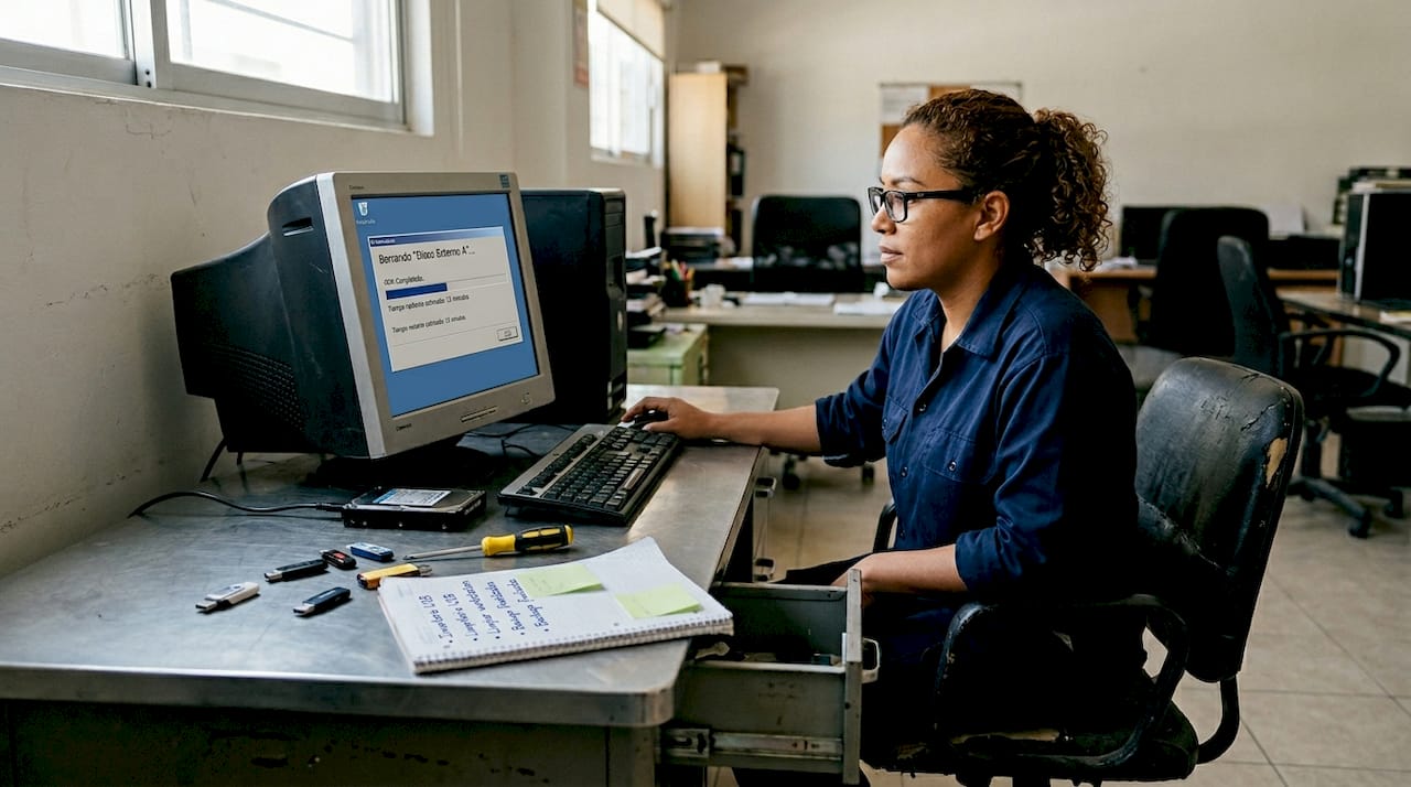 Técnico realizando un borrado seguro del disco duro para poder reutilizarlo