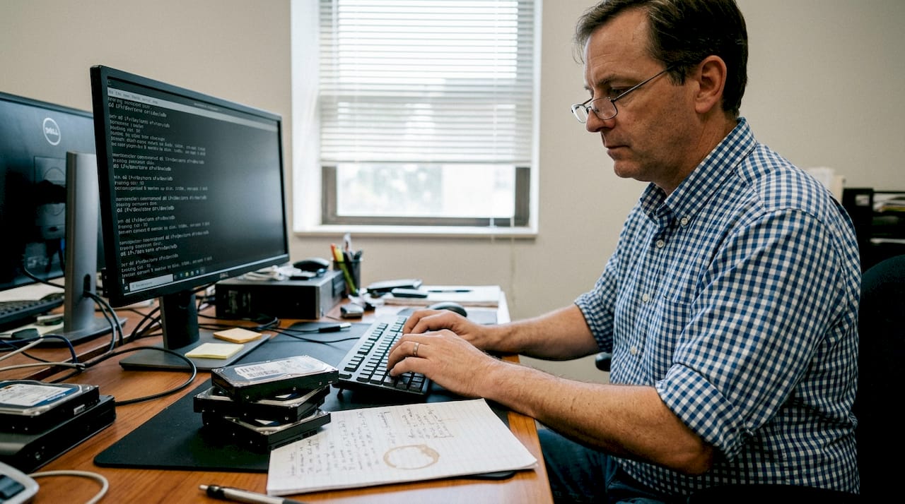 IT manager wiping hard drives for secure recycling