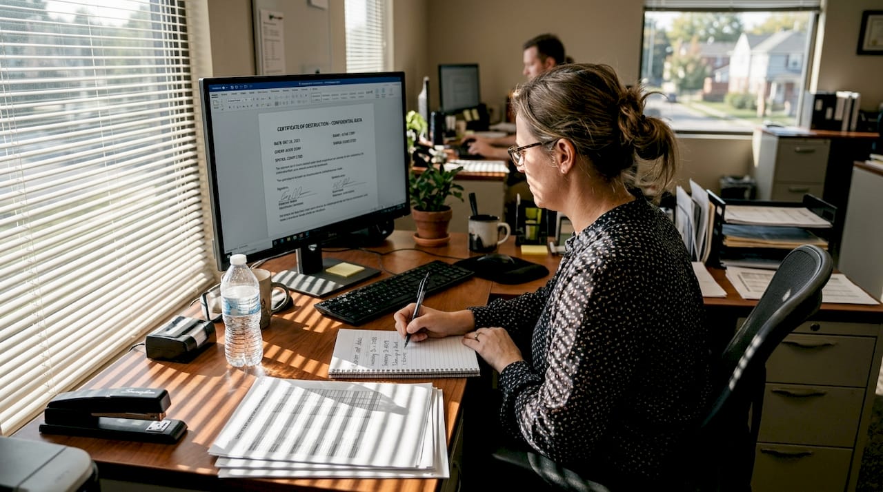 Admin reviewing recycling destruction certificate