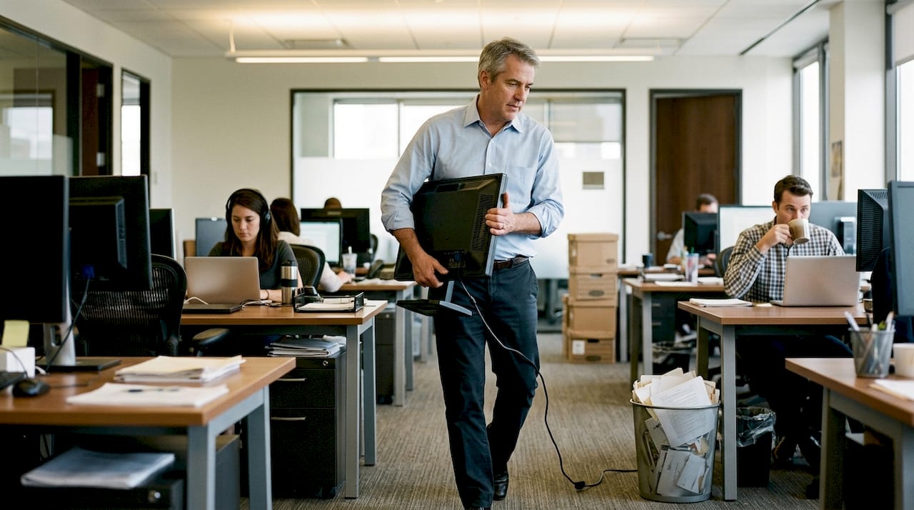 El encargado está reasignando un monitor usado dentro de la oficina.