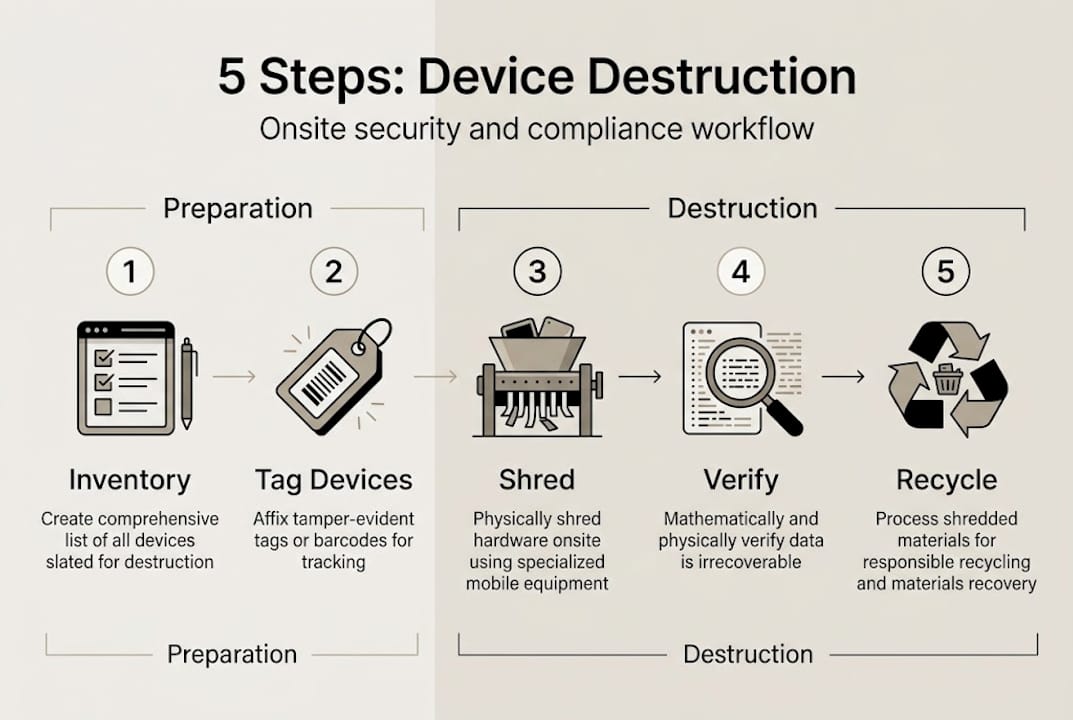 Infographic outlining 5-step device destruction workflow