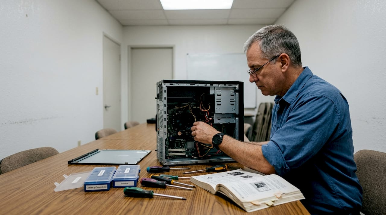 Un técnico realiza el mantenimiento de una computadora en la oficina