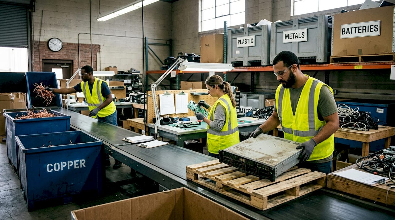 Recycling facility crew handling electronics and materials