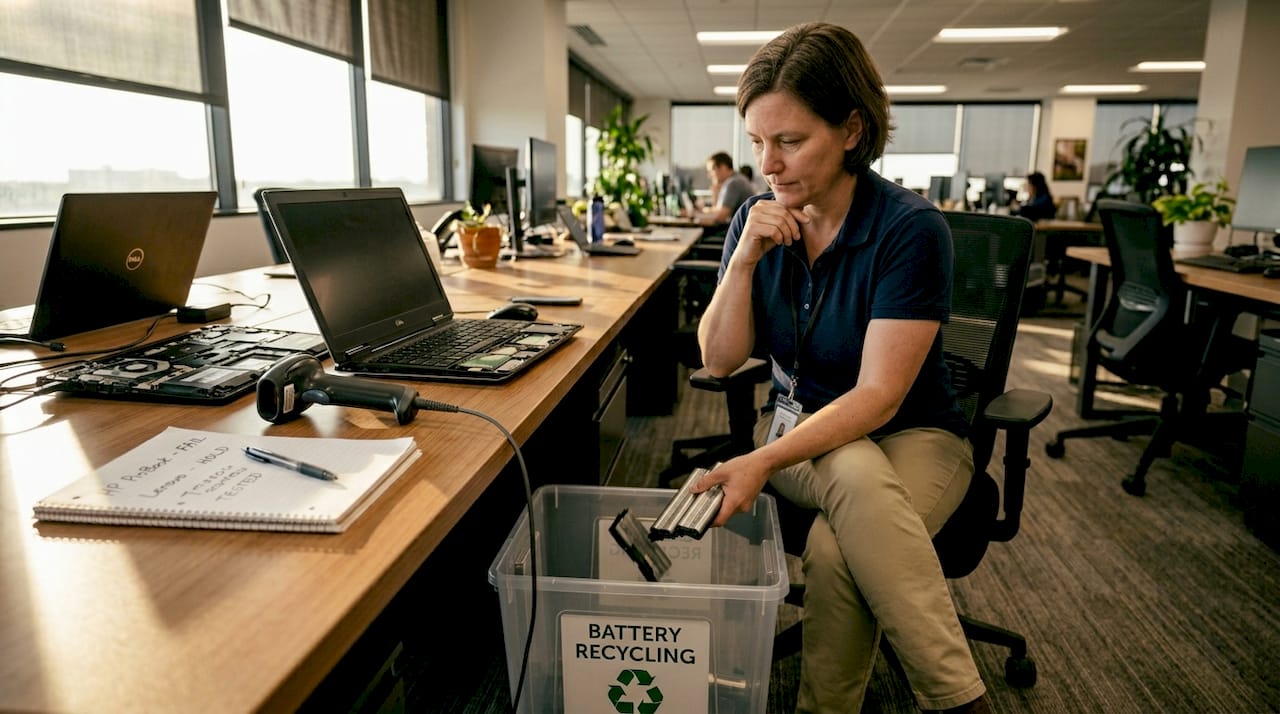 Technician recycling laptop batteries at her desk