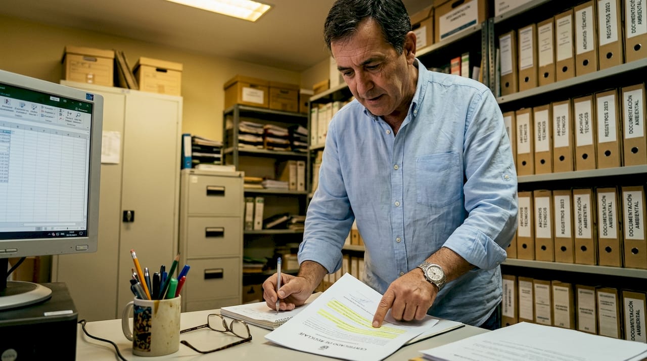 El supervisor revisa el certificado de reciclaje que está archivado.