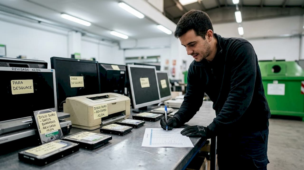 Especialista examina aparatos electrónicos antes de destinarlos al reciclaje