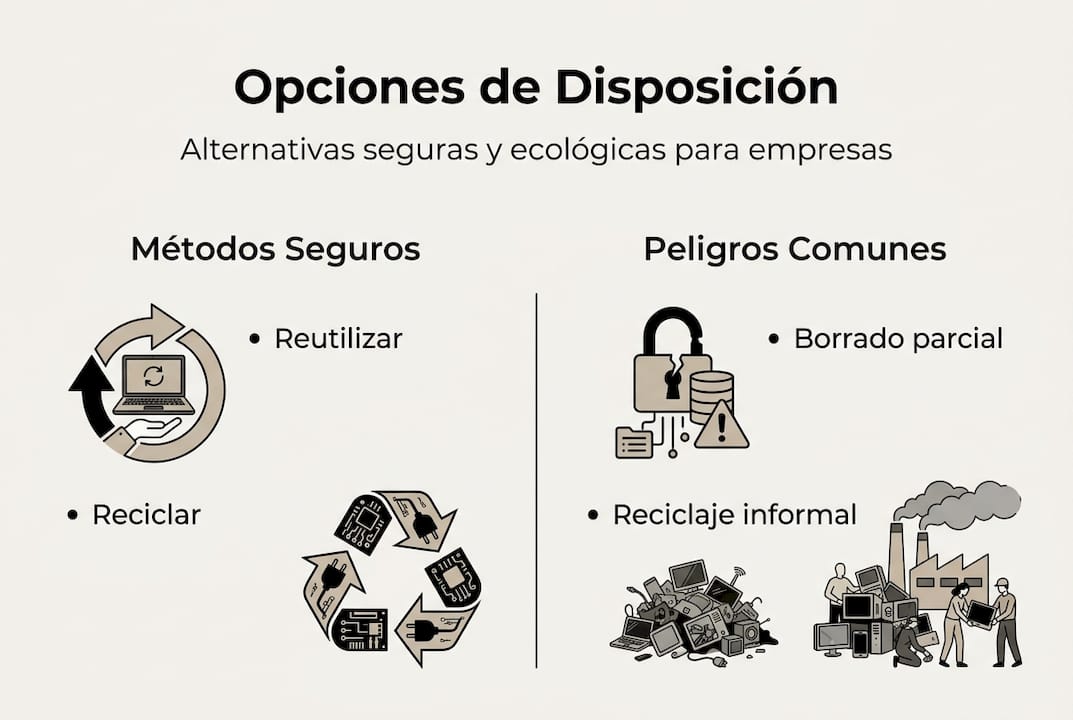 Guía visual sobre formas de eliminar dispositivos electrónicos y sus posibles riesgos