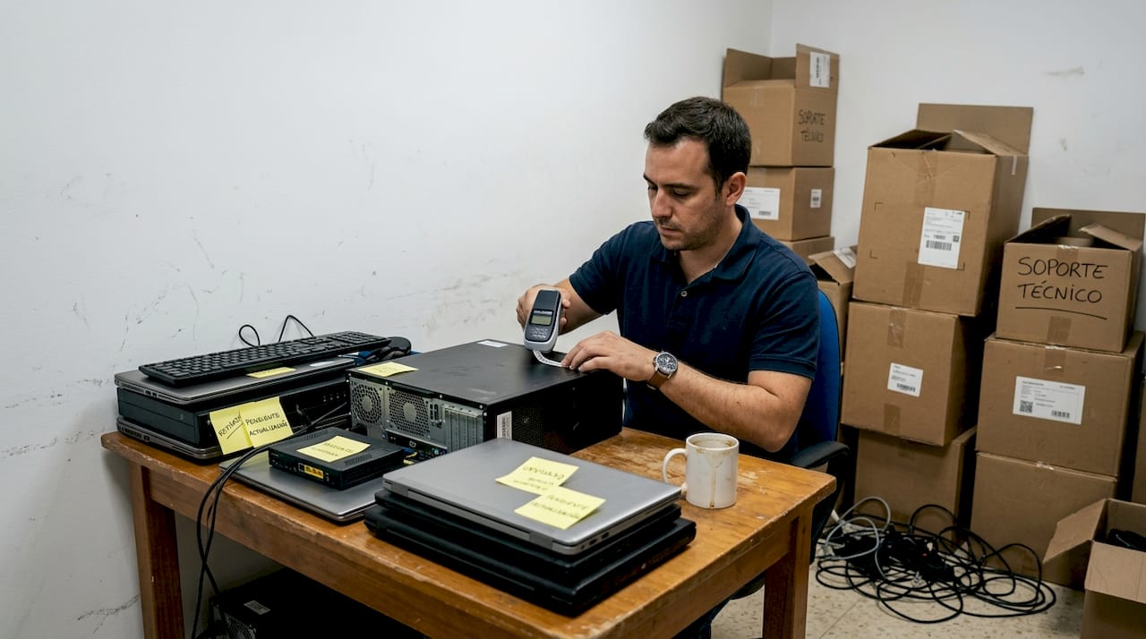 Especialista revisando y registrando los residuos tecnológicos