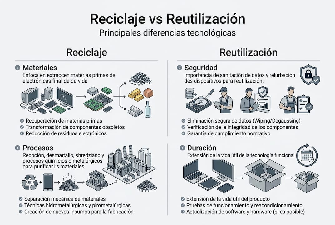 Infografía: ¿En qué se diferencian el reciclaje y la reutilización de dispositivos tecnológicos?