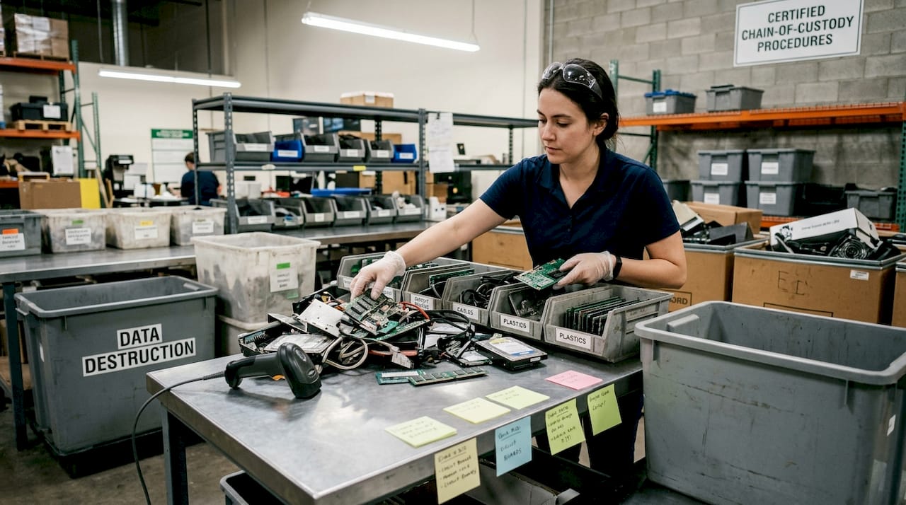 Technician sorting IT hardware for recycling process