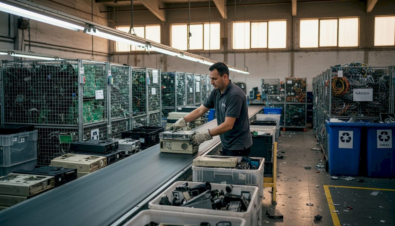 Un técnico organiza piezas de ordenadores reciclados en una fábrica.