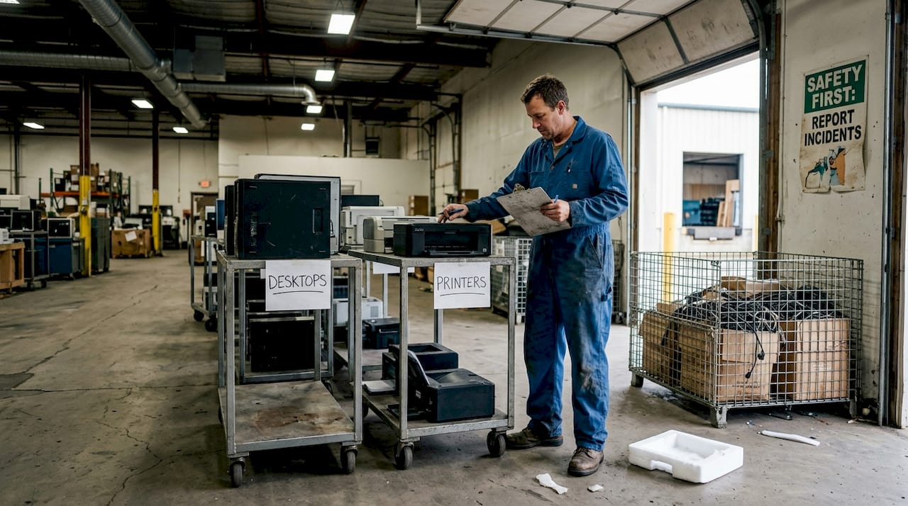 Technician sorting electronics at recycling facility
