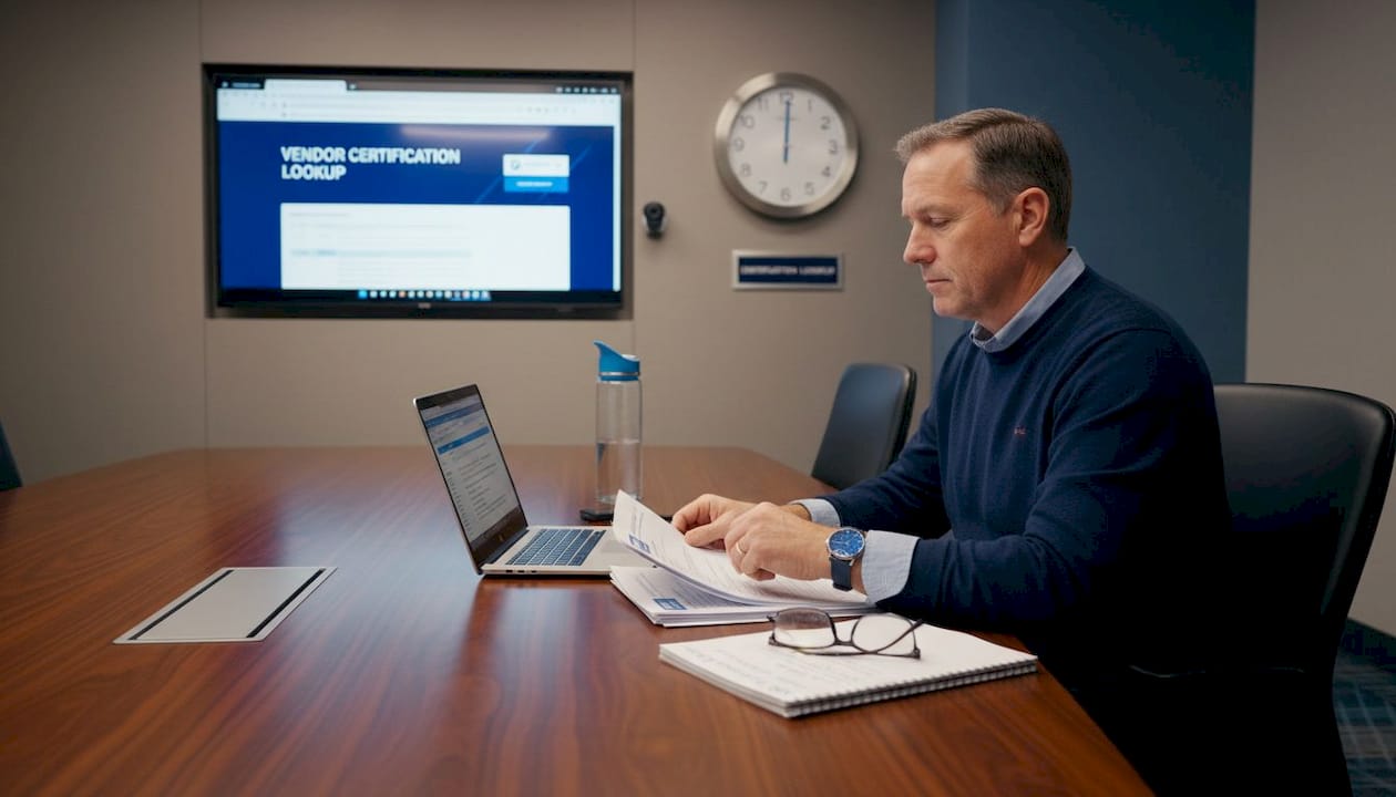 Technician reviews vendor certification documents