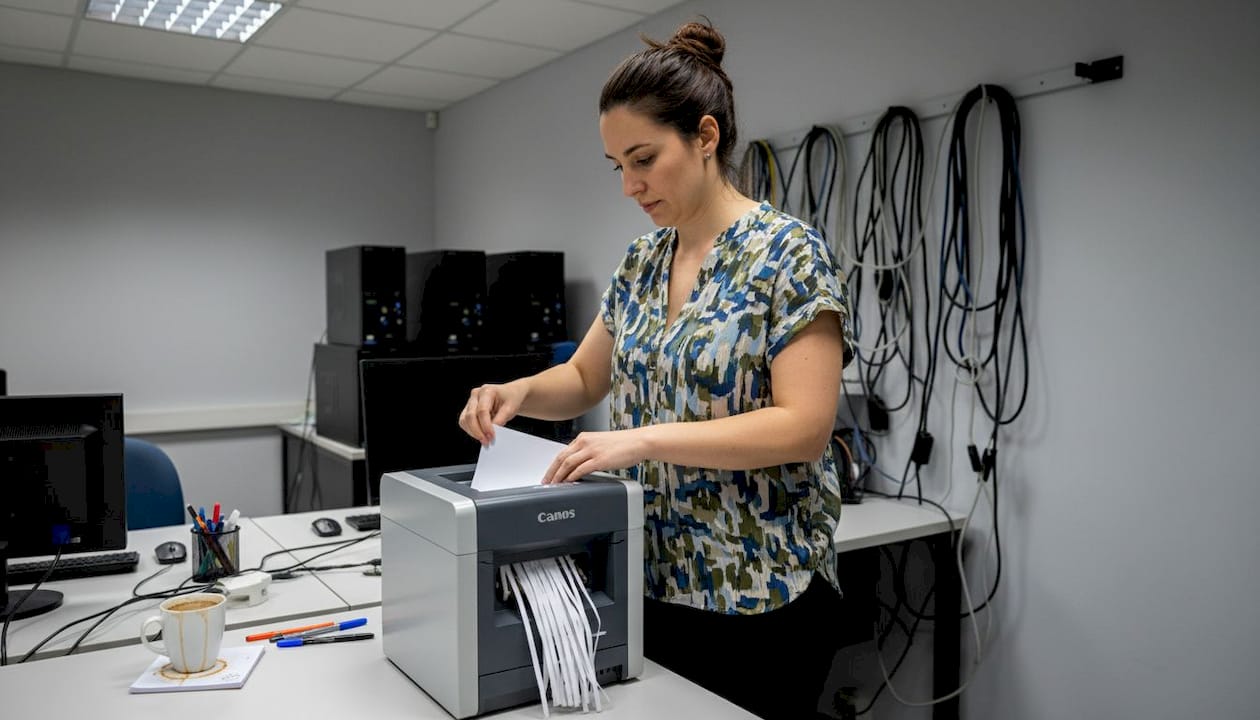 Empleada deshaciéndose de documentos y equipos antiguos