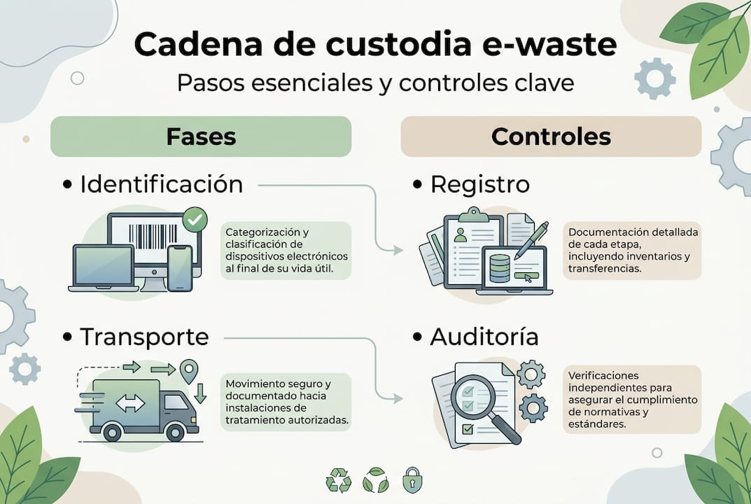 Infografía sobre el proceso y las medidas de control en la gestión de residuos electrónicos