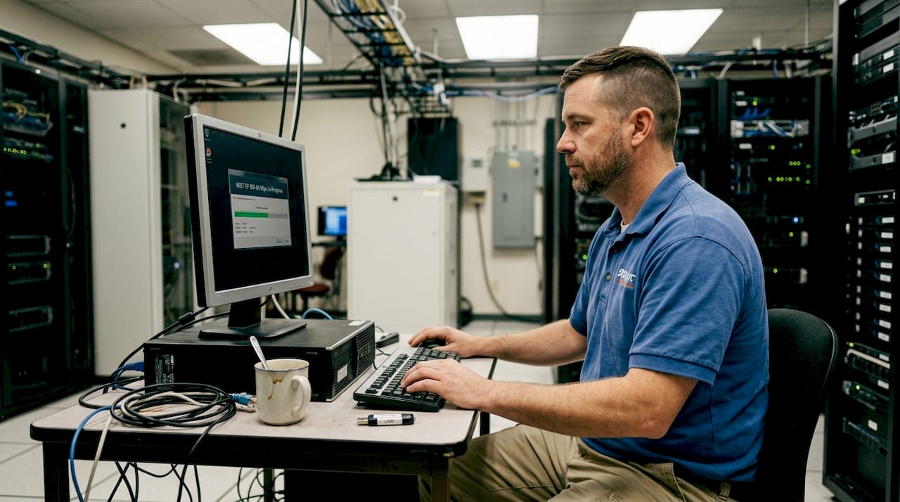 Technician runs secure data wipe software