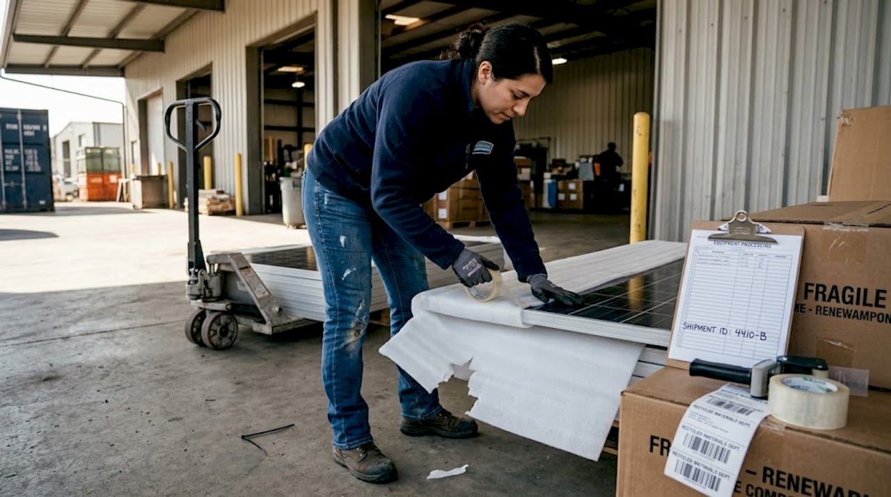 Technician wrapping solar panel for transport