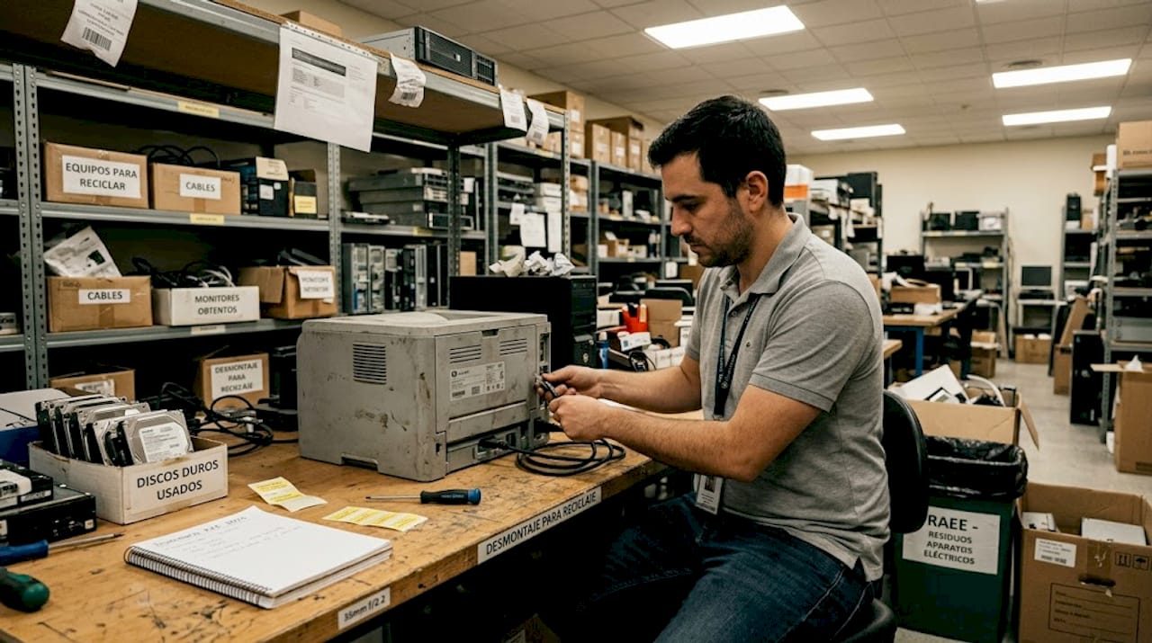 Especialista pone a punto dispositivos electrónicos para su reciclaje
