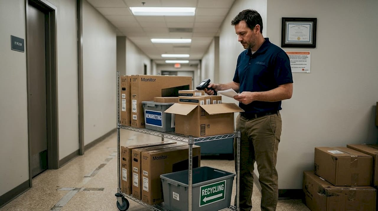 Technician sorts monitors remarketing and recycling bins